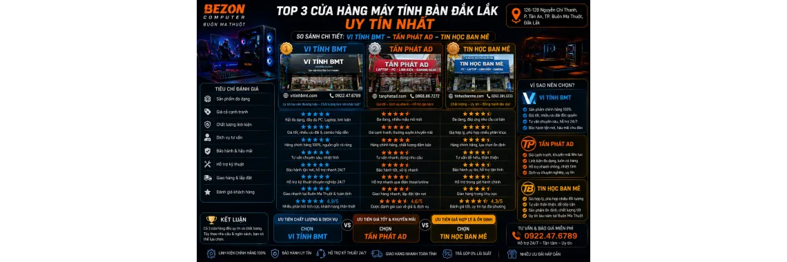 Top 3 Cửa Hàng Máy Tính Bàn Đắk Lắk Uy Tín Nhất: Vi Tính BMT, Tấn Phát AD, Tin Học Ban Mê