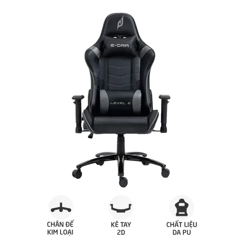 Ghế gaming E DRA Level E EGC229 | Đen xám, 150kg, Chân xoay, Da PU