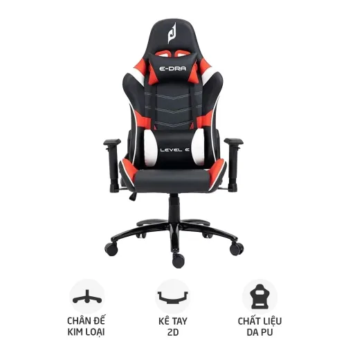 Ghế gaming E DRA Level E EGC229 | Đen đỏ, 150kg, Chân xoay, Da PU
