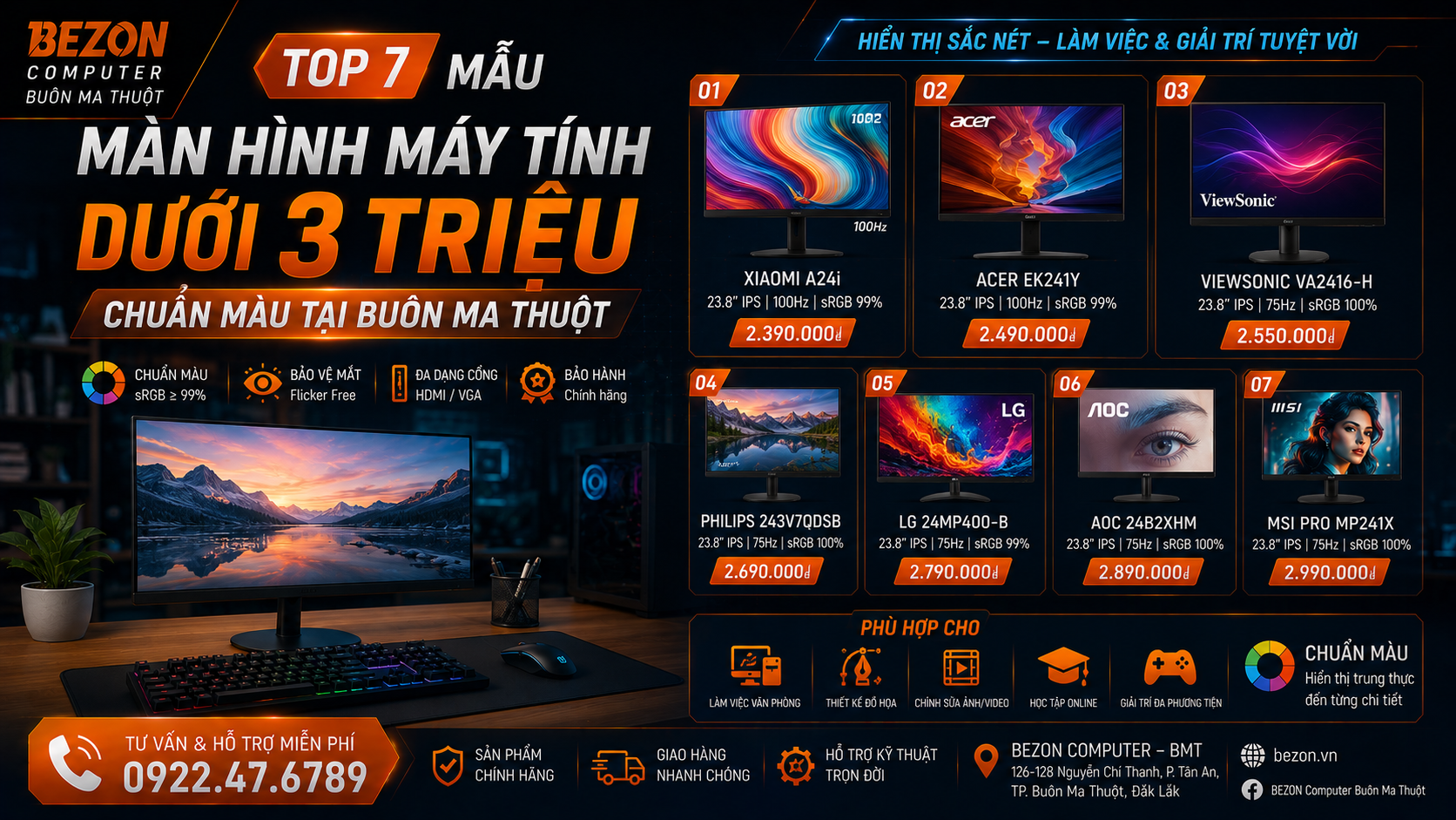 Top 7 Mẫu Màn Hình Máy Tính Dưới 3 Triệu Chuẩn Màu Tại Buôn Ma Thuột