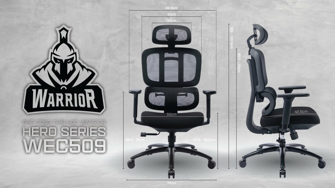 Ghế công thái học WARRIOR Hero WEC509 | Đen đỏ, 150kg, Chân xoay, Lưng lưới