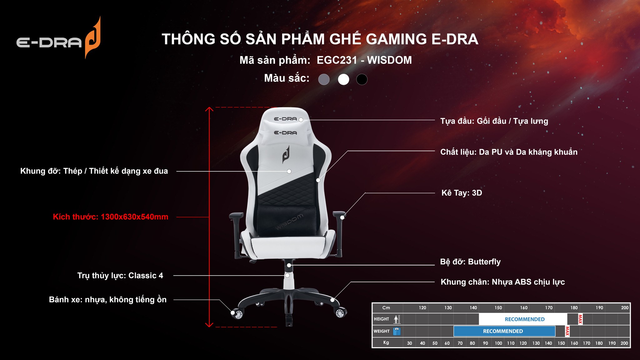 Ghế gaming E DRA WISDOM EGC231 | Đen, 120kg, Chân xoay, Da PU