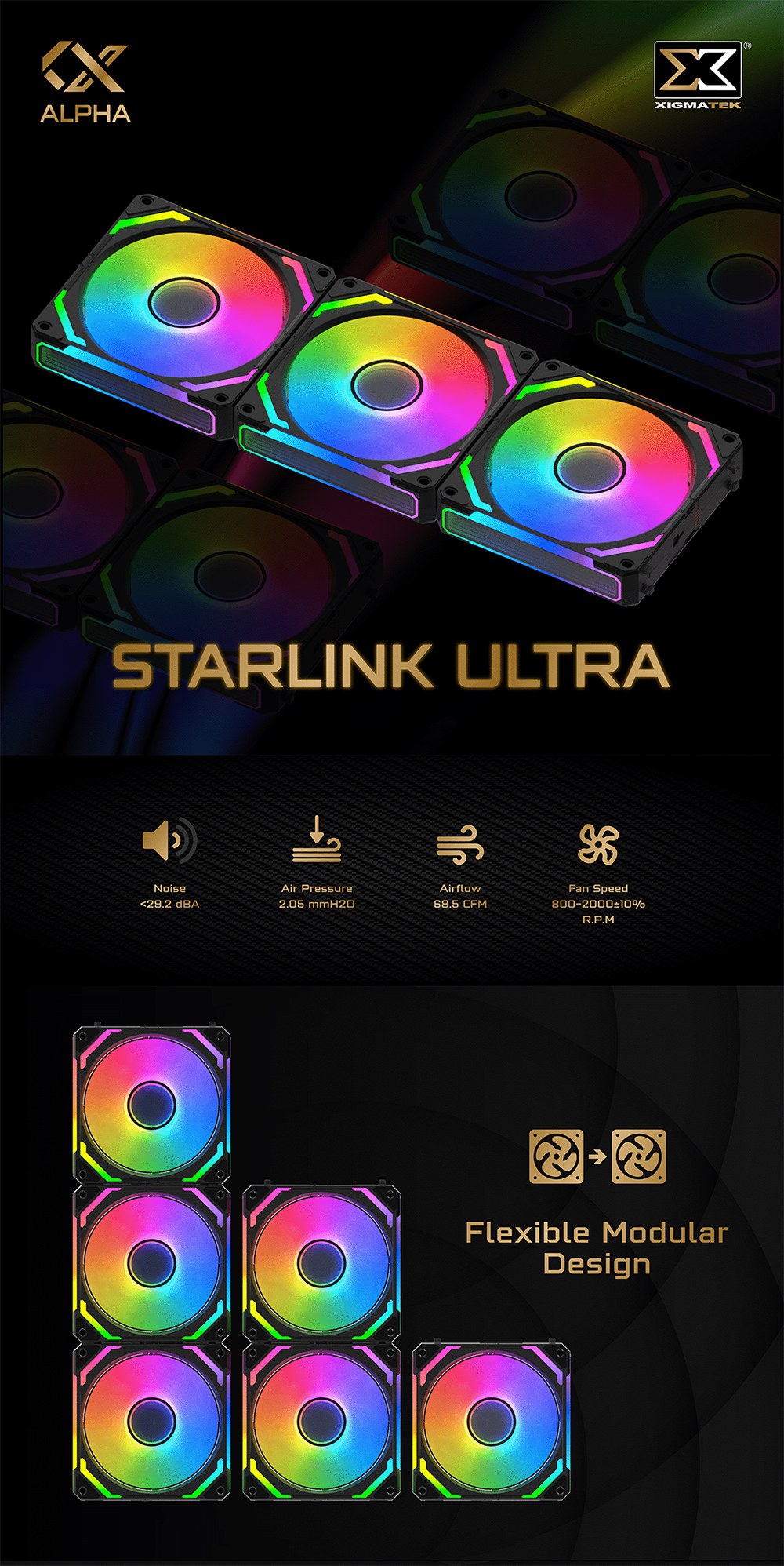 Quạt tản nhiệt PC Xigmatek Starlink Ultra | Kit 3 fan 120mm, ARGB, Đen