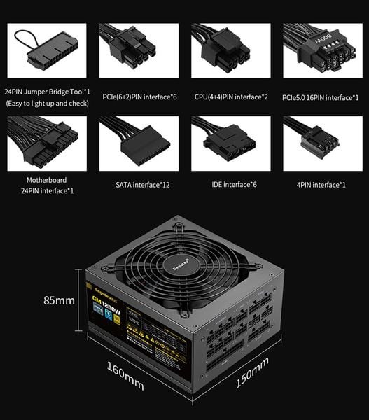 Nguồn máy tính Segotep GM 1250W ATX B.0 Pcie 5.0 (Đen) | Full Modular, ATX