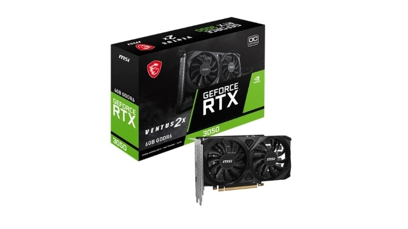 MSI GeForce RTX 3050 Ventus 2X 6G OC sở hữu thiết kế độc đáo với tông màu đen chủ đạo và logo MSI nổi bật