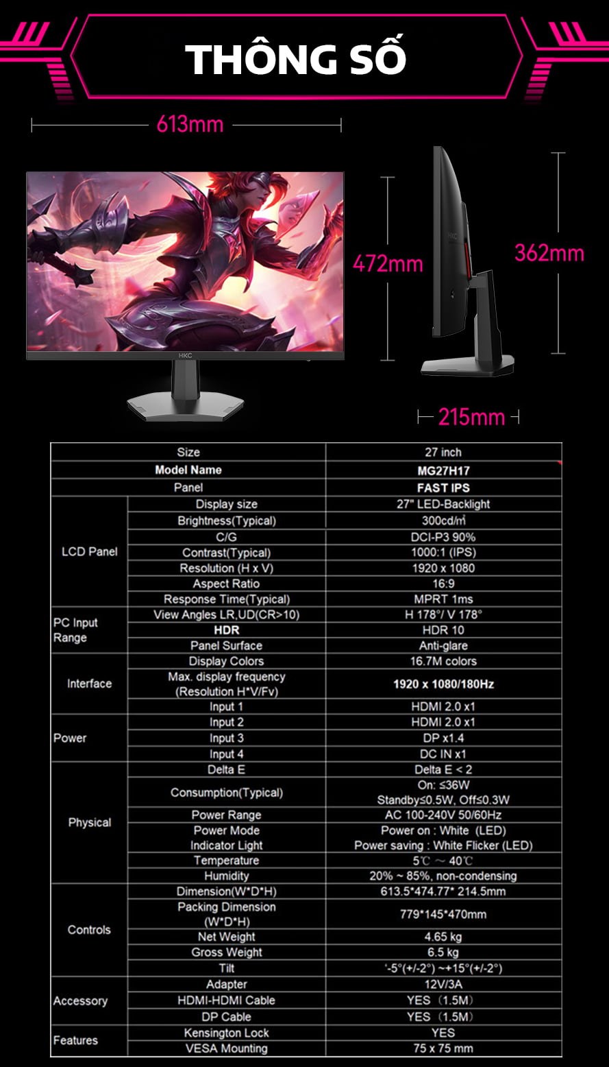 Màn hình Gaming HKC MG27H17 | 27 inch, FHD, 180Hz, Fast IPS