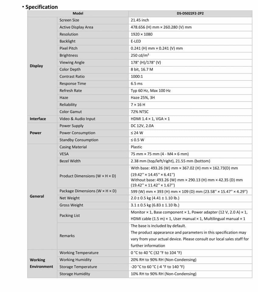 Màn hình Văn phòng Hikvision DS-D5022F2-2P2 | 22 inch, FHD, 100Hz, IPS