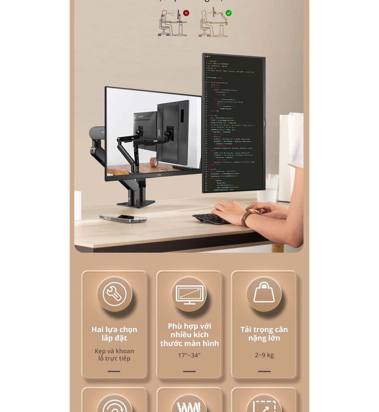 Giá treo màn hình đôi AOC AM420S - Bạc | 17 - 34 inch