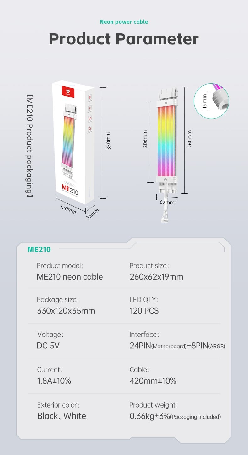 Dây cáp nguồn nối dài Coolmoon Aosor ME210 24 pin ARGB - Trắng | Kèm hub SK3